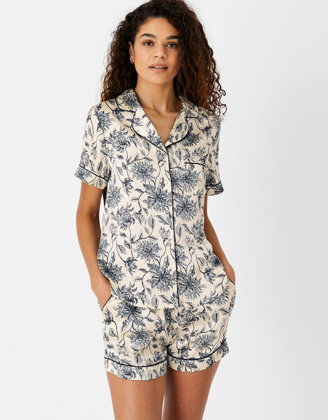 Floral Print Satin Short Pyjama Set, Blue (NAVY), large