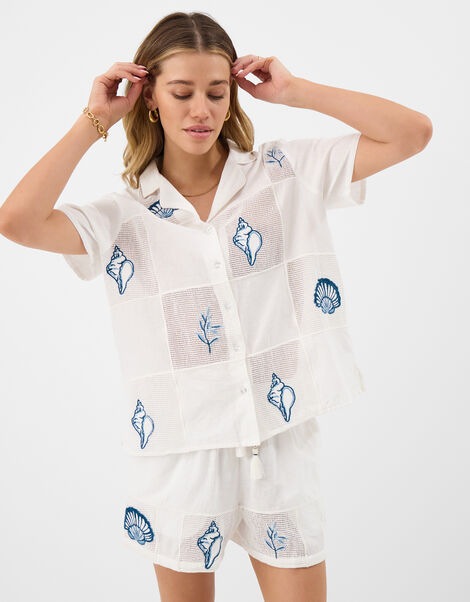 Shell Embroidered Patchwork Shirt, Ivory (IVORY), large
