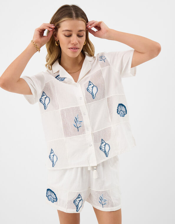 Shell Embroidered Patchwork Shirt, Ivory (IVORY), large