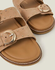 Stud Buckle Leather Sandals, Natural (NATURAL), large
