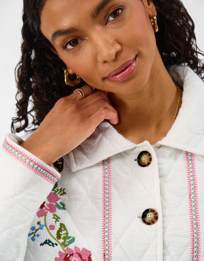 Floral Embroidered Quilted Jacket, Ivory (IVORY), large