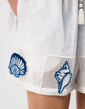 Shell Embroidered Patchwork Shorts, Ivory (IVORY), large