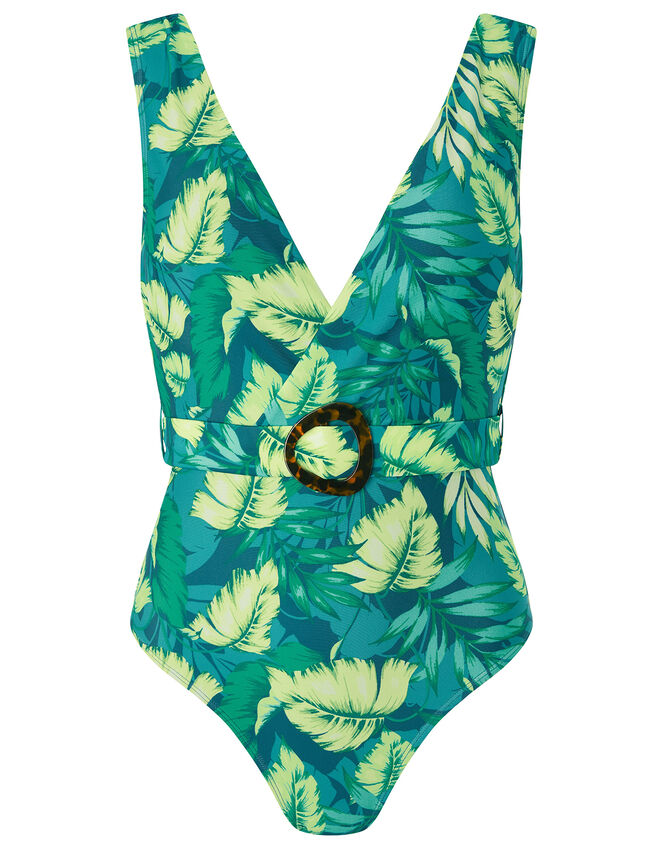 Leaf Print Belted Plunge Swimsuit, Green (GREEN), large