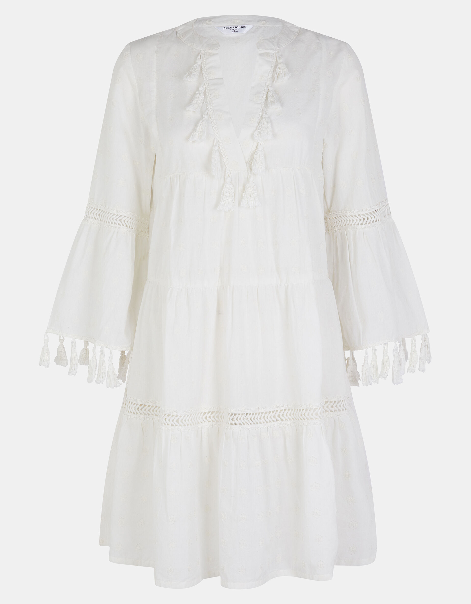 Flute Sleeve Tassel Tiered Mini Dress Ivory | Dresses | Accessorize UK
