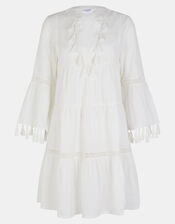 Flute Sleeve Tassel Tiered Mini Dress, Ivory (IVORY), large