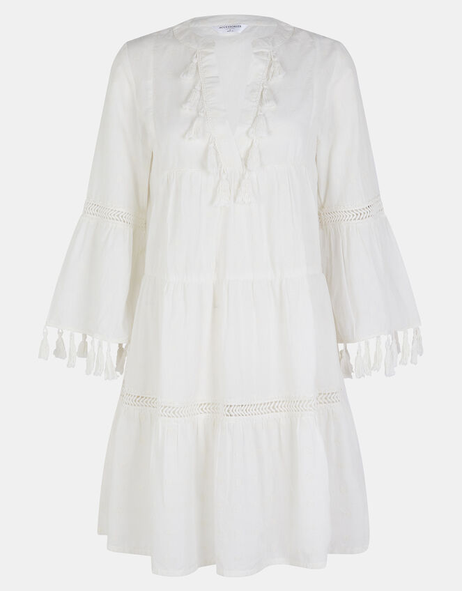 Flute Sleeve Tassel Tiered Mini Dress, Ivory (IVORY), large