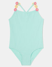 Girls Flower Strap Swimsuit , Blue (BLUE), large