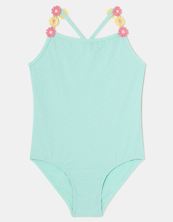 Girls Flower Strap Swimsuit , Blue (BLUE), large