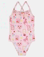 Girls Cowboy Print Swimsuit, Multi (PASTEL MULTI), large