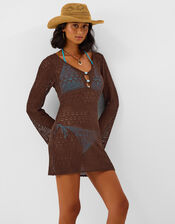 Knitted Long Sleeve Cover Up, Brown (CHOCOLATE), large