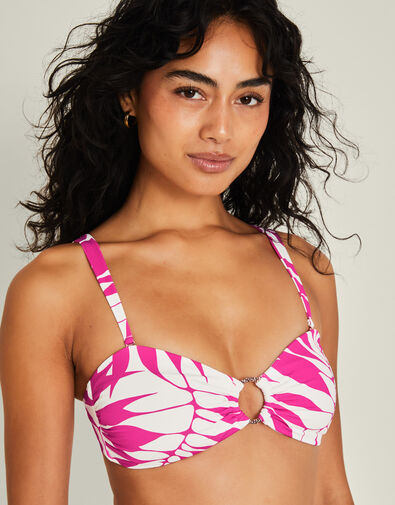 Palm Print Strap Bandeau Bikini Top, Pink (PINK), large