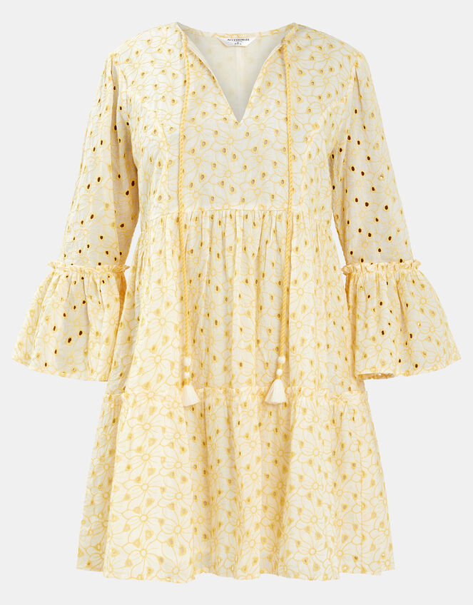 Broderie Flute-Sleeve Mini Dress, Yellow (YELLOW), large