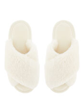 Fluffy Peep-Toe Slipper Sliders, Cream (CREAM), large
