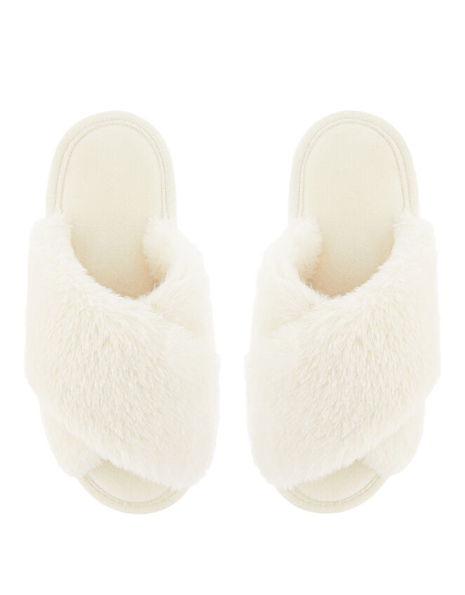 Fluffy Peep-Toe Slipper Sliders, Cream (CREAM), large