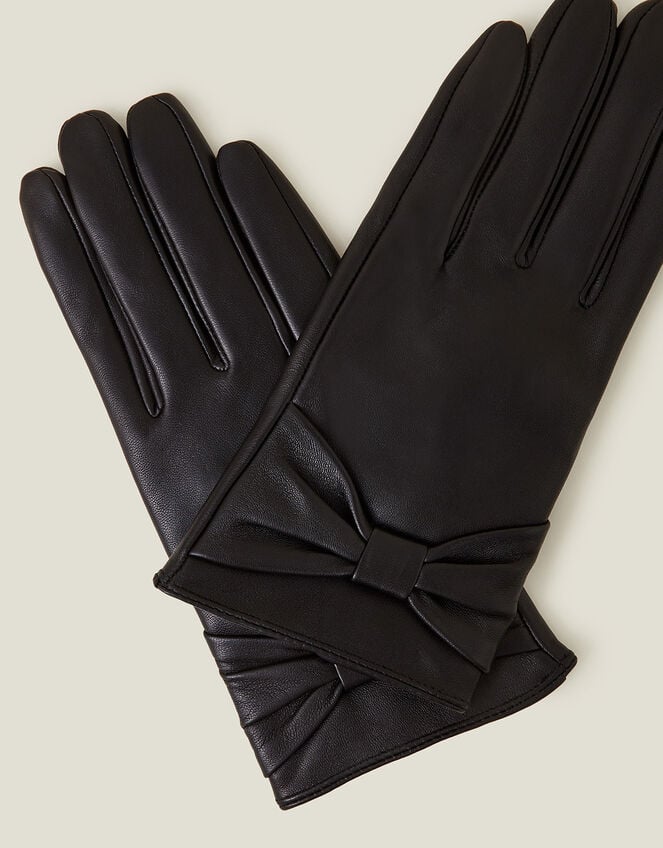 Leather Bow Gloves, Black (BLACK), large