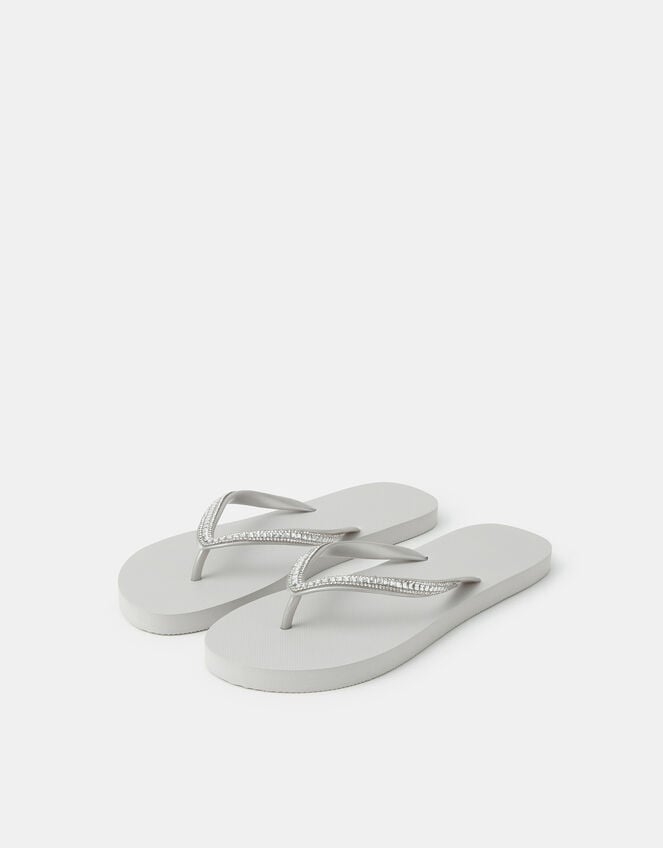 Crystal Embellished Flip Flops, Silver (SILVER), large