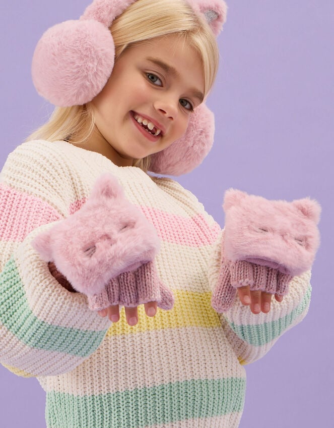 Girls Cat Fingerless Mitten Gloves, Pink (PINK), large