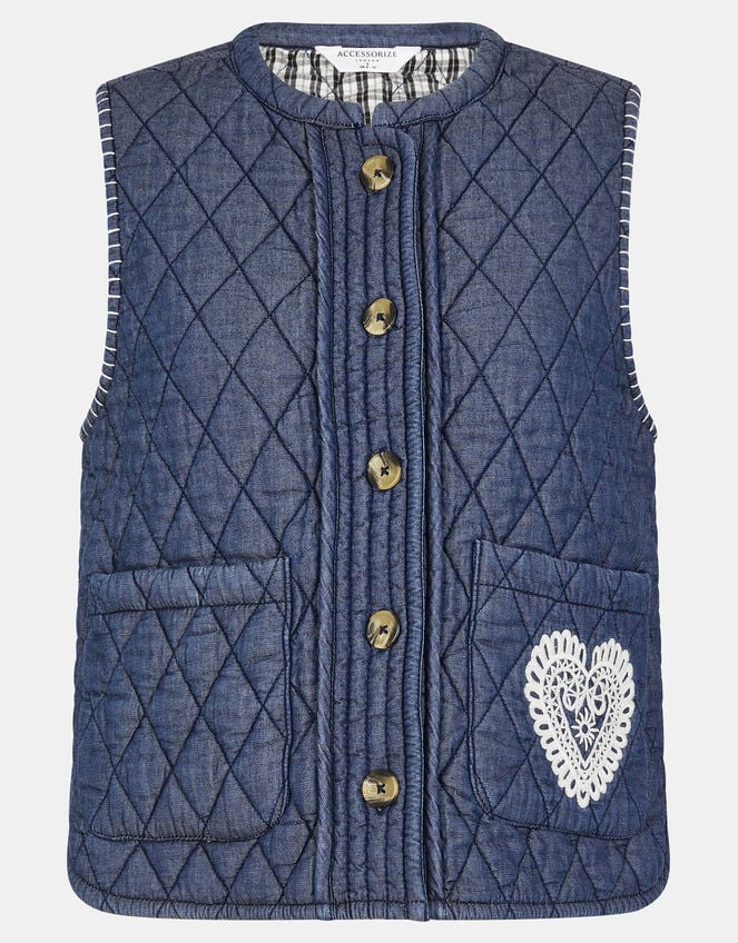 Heart Quilted Denim Waistcoat, DENIM, large