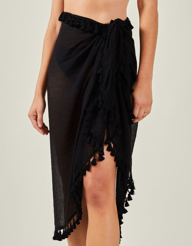 Tassel Trim Sarong, Black (BLACK), large