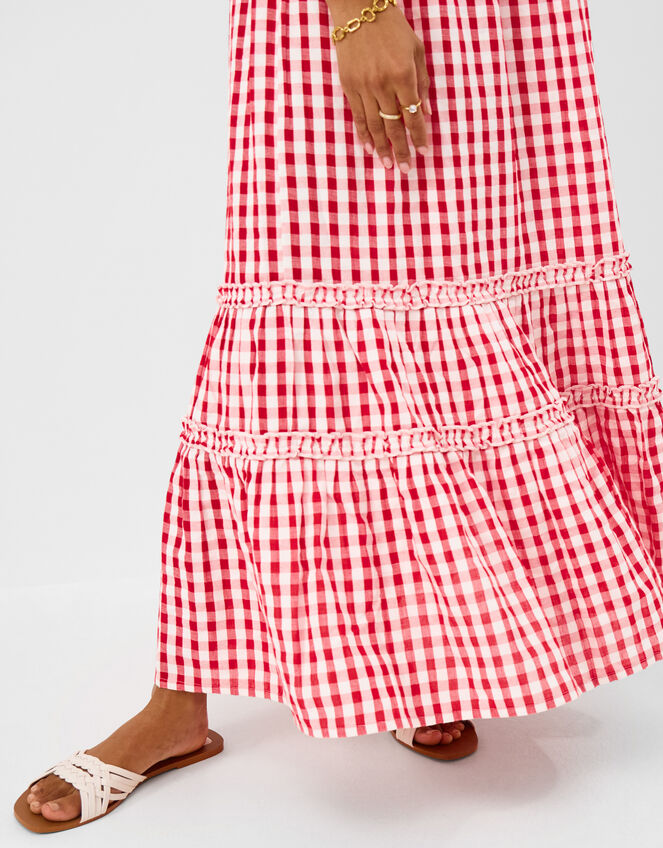 Gingham Print Puff Sleeve Maxi Dress, Red (RED), large