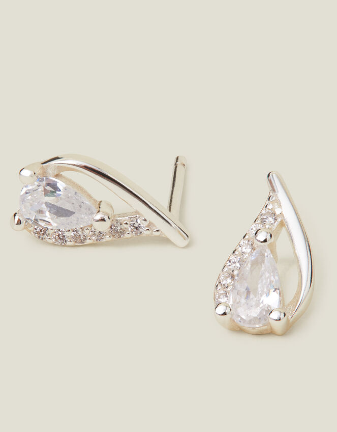 Sterling Silver-Plated Teardrop Crystal Stud Earrings, , large