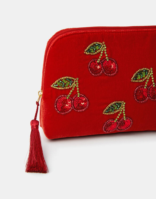 Embellished Cherry Velvet Pouch, , large