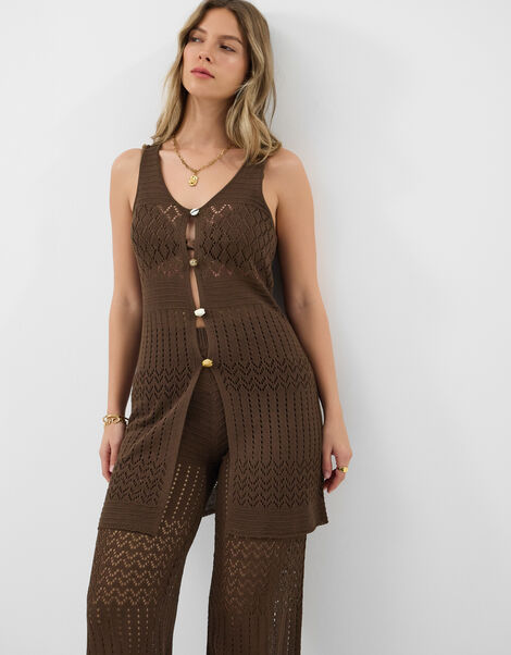 Crochet Knit Sleeveless Top, Brown (BROWN), large