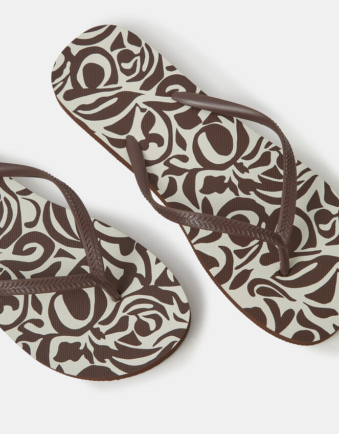 Floral Print Flip Flops, Brown (CHOCOLATE), large