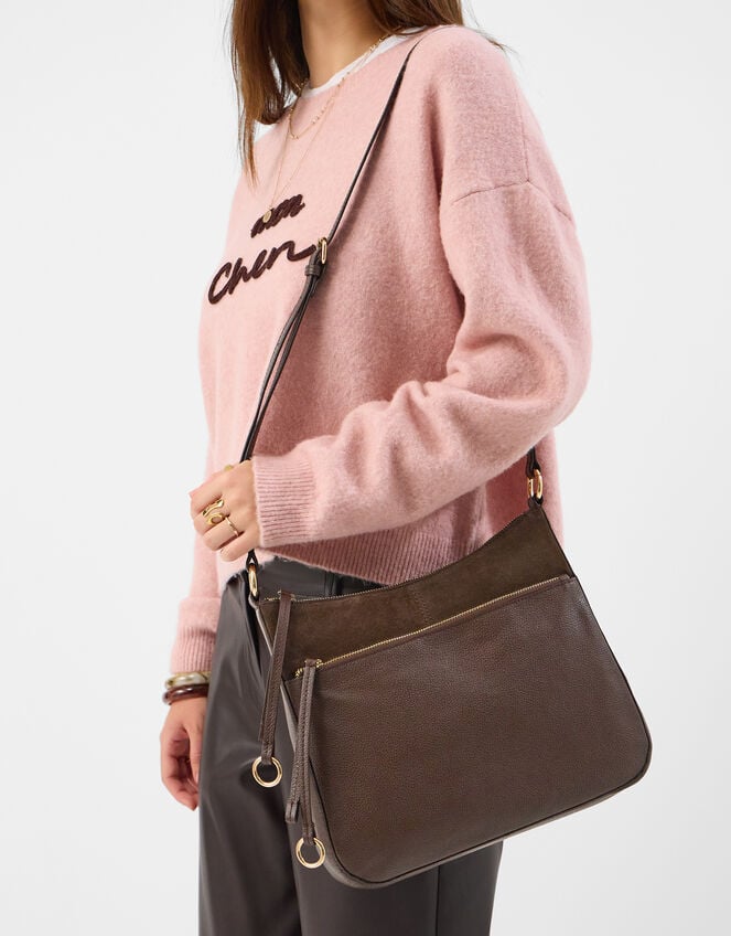 Leather Messenger Crossbody Bag, Brown (CHOCOLATE), large