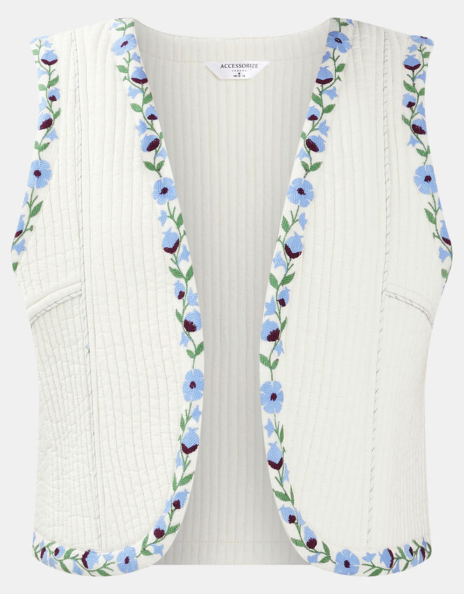 Floral Embroidered Quilted Waistcoat, Ivory (IVORY), large