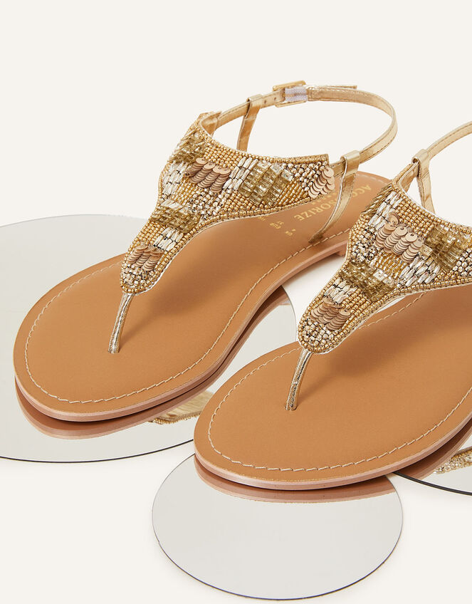 Bead and Sequin Embellished Toe Post Sandals, Gold (GOLD), large