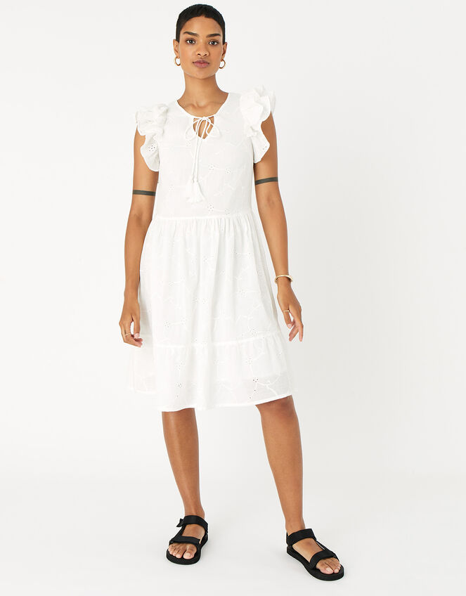 Broderie Frill Shoulder Midi Dress , White (WHITE), large