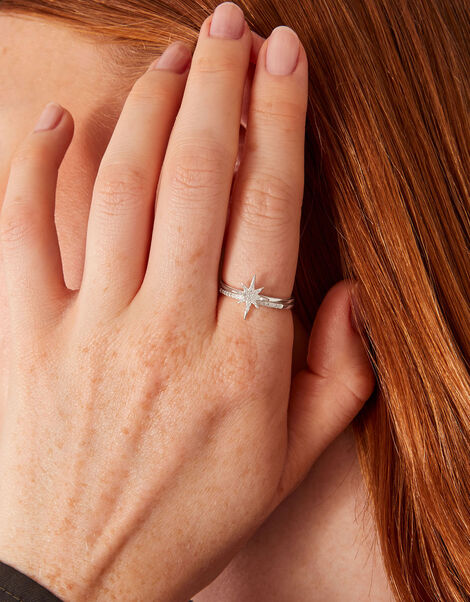 Sterling Silver Sparkle Star Ring Set of Two, White (ST CRYSTAL), large