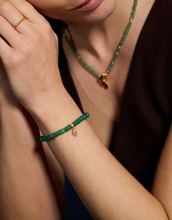 14ct Gold-Plated Healing Stone Bead Charm Bracelet, Green (GREEN), large