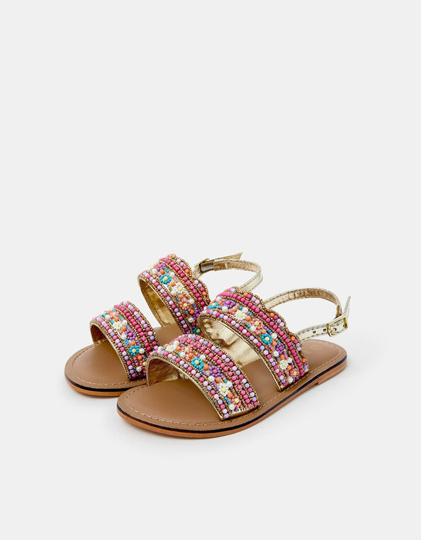 Girls Flower Beaded Strap Sandals, Multi (PASTEL MULTI), large