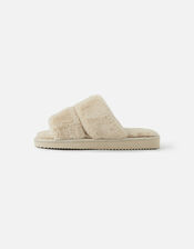 Platform Faux Fur Double Band Sliders, Natural (NATURAL), large