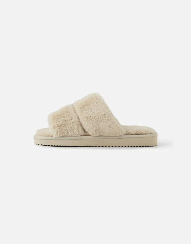 Platform Faux Fur Double Band Sliders, Natural (NATURAL), large