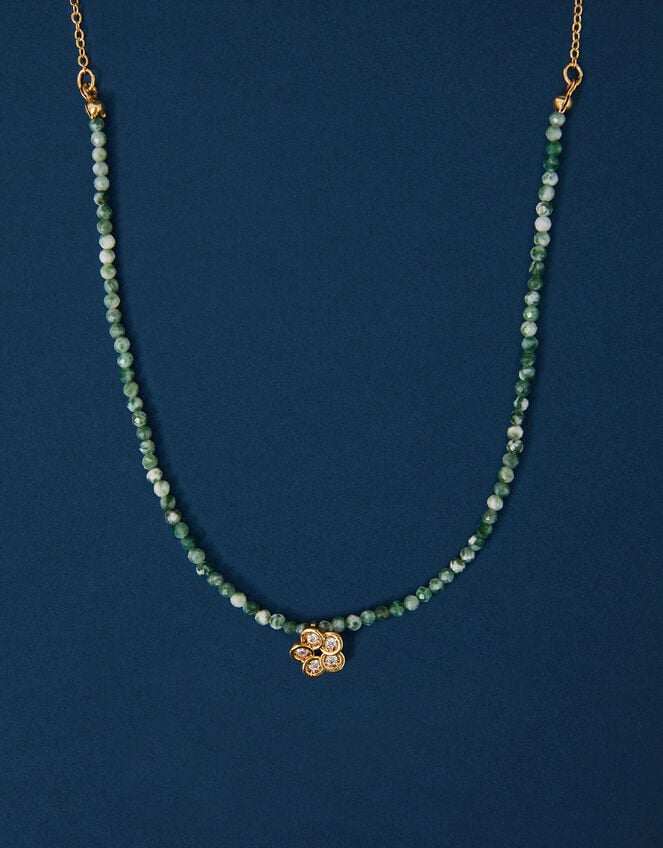 14ct Gold-Plated Flower Pendant Jade Bead Necklace, , large