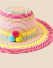 Girls Pom-Pom Trim Stripe Floppy Hat, Multi (BRIGHTS-MULTI), large