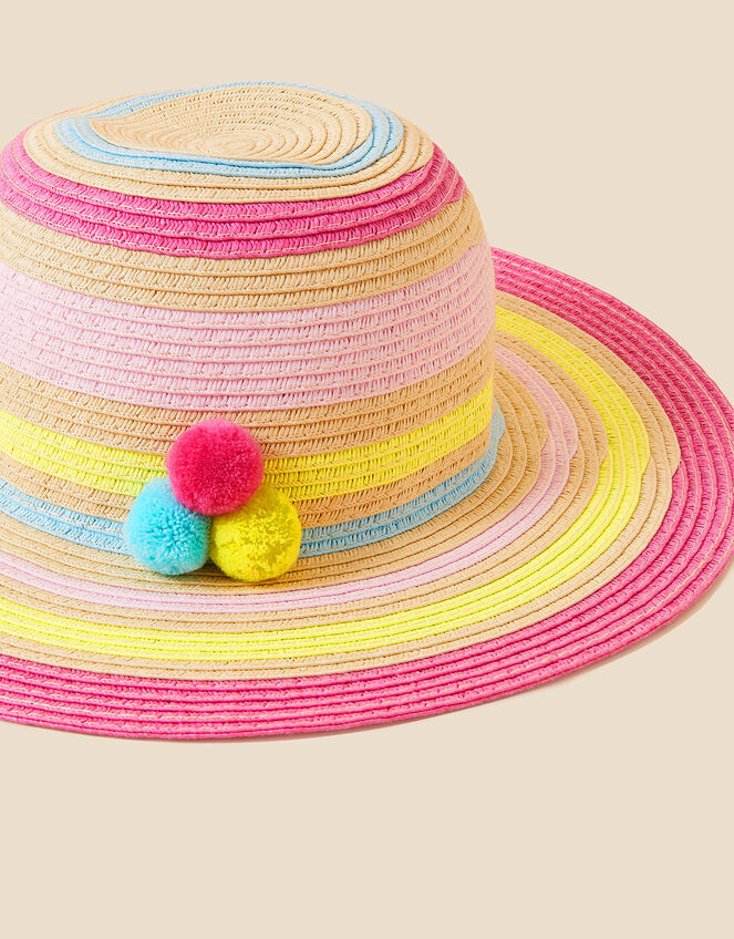 Girls Pom-Pom Trim Stripe Floppy Hat, Multi (BRIGHTS-MULTI), large