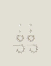 4-Pack Sterling Silver-Plated Stud and Bobble Hoop Earrings, , large