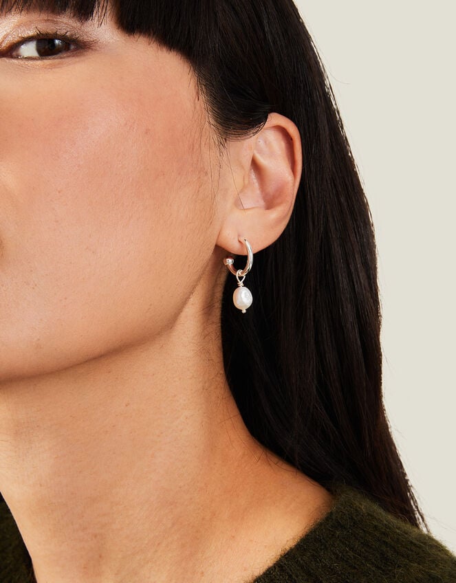 Sterling Silver Chunky Pearl Drop Hoops, , large