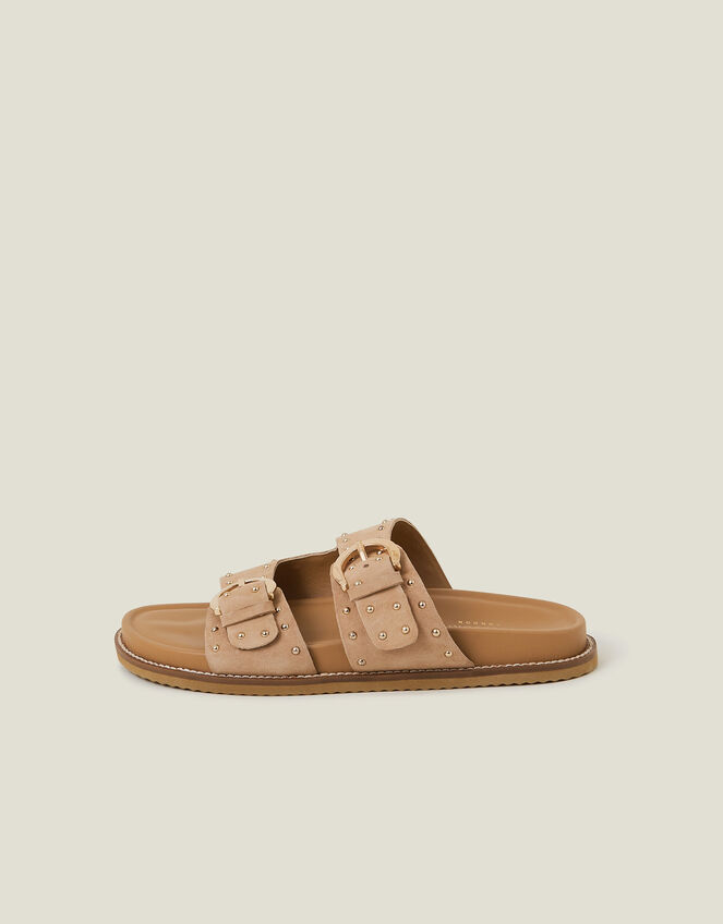 Stud Buckle Leather Sandals, Natural (NATURAL), large