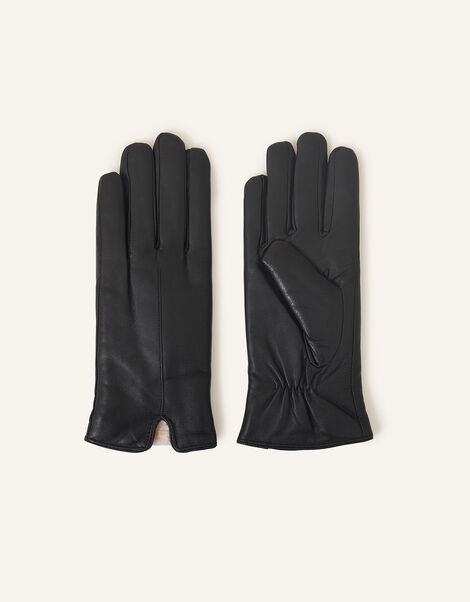 Faux Fur-Lined Leather Gloves, Black (BLACK), large
