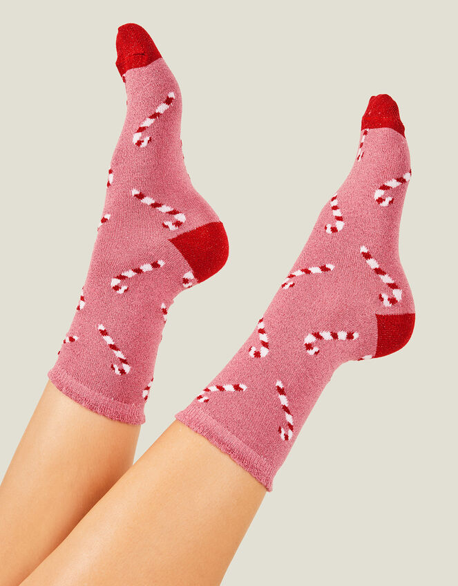 Sparkle Candy Cane Print Socks, Pink (PINK), large