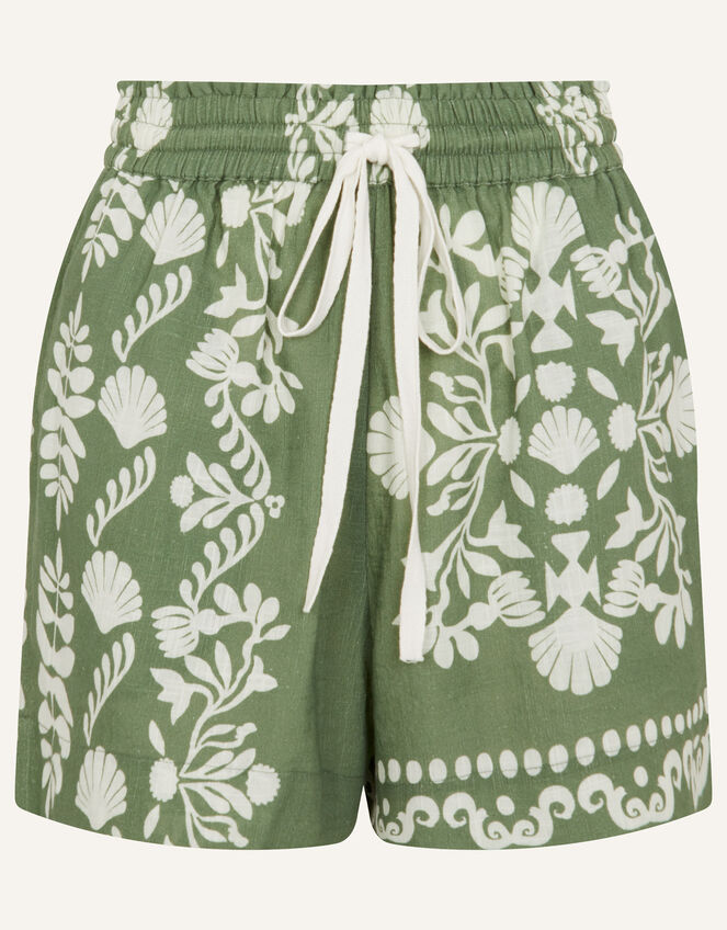 Ornamental Print Tie Waist Shorts, Green (KHAKI), large