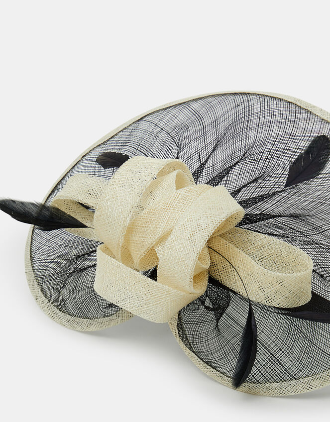 Woven Bow Feather Disc Fascinator, Black (BLACK WHITE), large