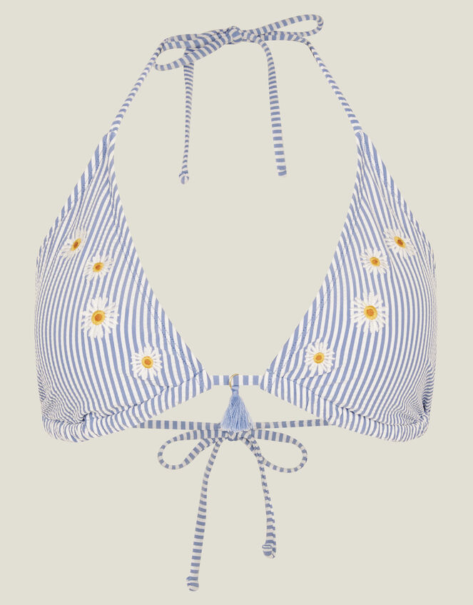 Daisy Embroidered Stripe Bikini Top, Blue (BLUE), large
