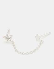Sterling Silver Star Chain Double Stud Earring, , large