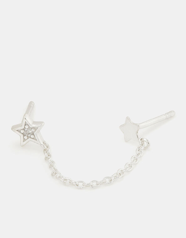 Sterling Silver Star Chain Double Stud Earring, , large